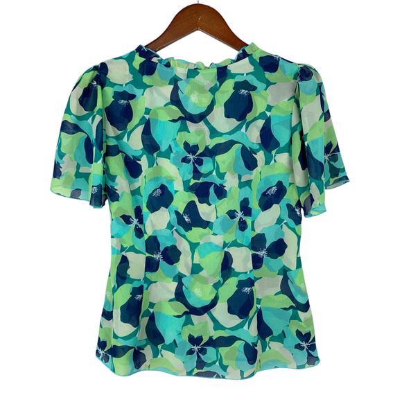 Cabi Trixie Top Blouse Green Blue Floral Short Puff Sleeves 6087 Women's XS - Picture 6 of 7